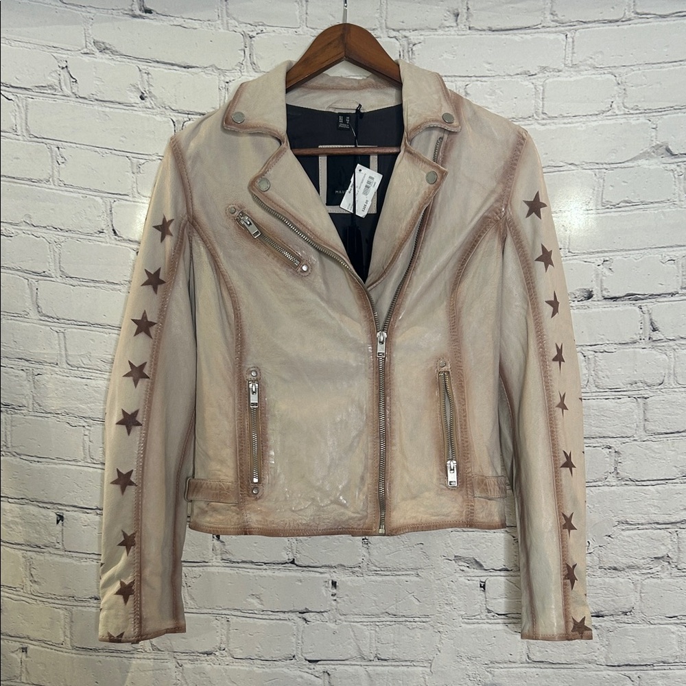Mauritius Off-White & Brown Leather Jacket Size Medium Brand New W/Tags